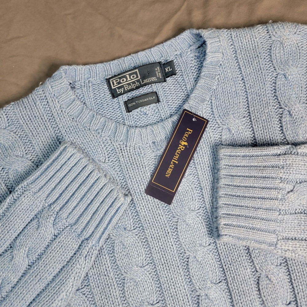 New Polo Ralph Lauren Cable Knit Sweater Men's XL Blue Tussah Silk Deadstock
